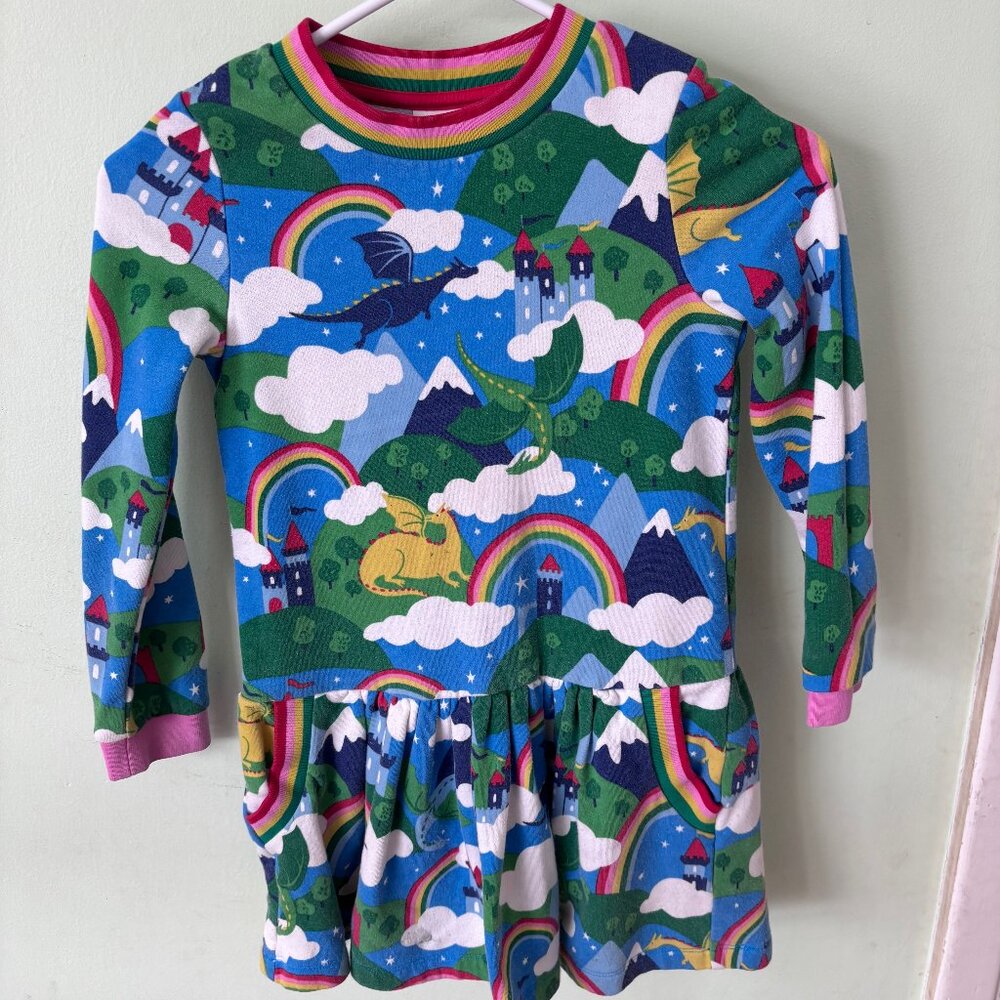 Mini Boden Rainbow Dragon and Castle Sweatshirt Dress - Girls Size 8-9